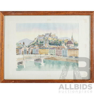 Radovan Igor Zindovic (20th Century, Balkan-Born Austrian), Spired Skyline of Salzburg, Austria, (c1990s), Original Watercolour & Ink on Textured Paper, 34H x 44W cm (frame)