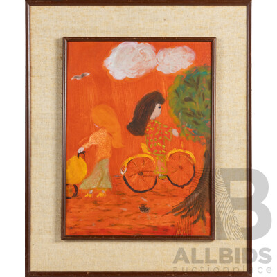 Andrea McMillan, (20th Century< Working c1970s), Girl on Bike (1971), Wonderful Original Oils on Canvas, 52 x 43 cm (frame)
