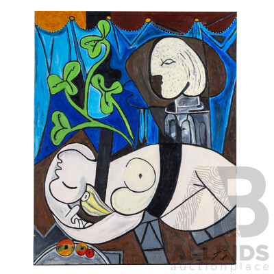 Martha Catalina Flores (20th Century, Mexican), Nude, Green Leaves & Bust Redux, Absolutely Wonderful Oil on Canvas Reproduction After Original Picasso (c1932), 76 x 61 cm