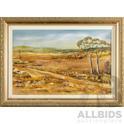 Frank Alcock, (20th Century, Australian), Dirt Track Home, Wonderful Original Vintage Oil on Board, 75W x 55H cm (frame)