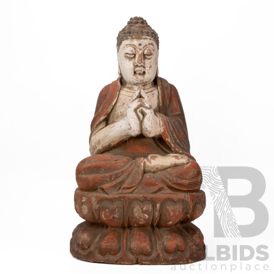 Wonderful Vintage Shakyamuni Seated Buddha in Prayer Statue, Hand Carved in Wood, 50H cm