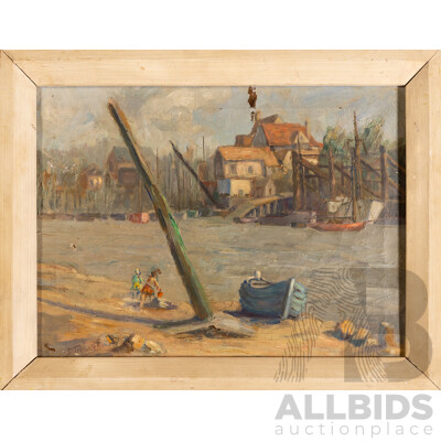 D.Treweeks, (Early 20th Century), Children Playing by Water's Edge, Antique Oil on Canvas Cloth, 36H x 46W cm (frame)