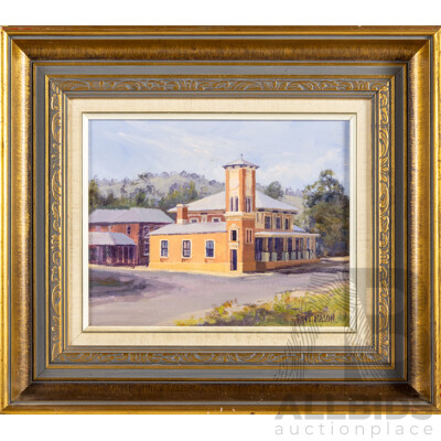 Tony Mason (20th Century, Australian), 'The Court House', Carcoar NSW c1880, Lovely Original Oil on Canvas Board, 35H x 40W cm (frame)