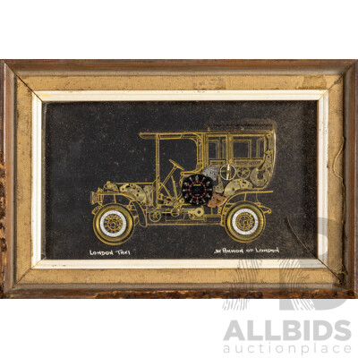 P.L.J. Ammon,  (20th Century, British), London Taxi, Vintage Horological Collage, 21H x 32W cm (frame)