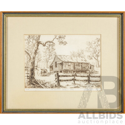 T.K Swin(?) (20th Century, Australian), Old Farmhouse, Brisbane Valley, Vintage Original Signed & Editioned Etching, 34H x 41W cm (frame)