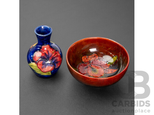 Moorcroft Hibiscus Vase by Walter Moorcroft Together with a Moorcroft Flambe Orchid Bowl (2)