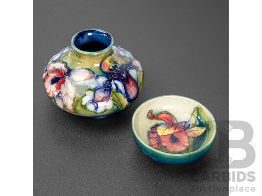 Vintage Moorcroft Orchid Squat Vase Together with a Moorcroft Orchid Pin Dish