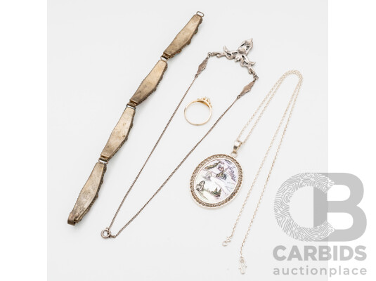 Collection of Sterling Silver, Silver & Gold Tone Necklaces, Bracelet and Ring - Lot of 4
