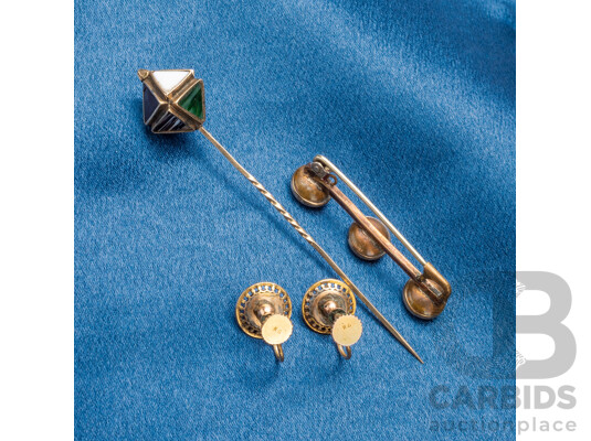 Vintage 9ct Yellow Gold Lapel Pin & Rolled Gold Tourmaline Earrings & Brooch