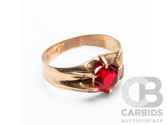 Vintage 14ct Yellow Gold & Synthetic Ruby Ring - Size M.5