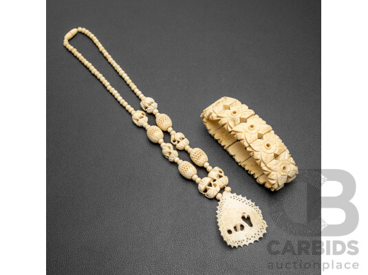 Vintage Carved Ivory Bracelet & Necklace Set
