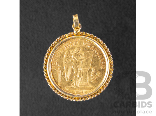 France 1876 Gold Twenty Francs Coin in 9ct Gold Pendant, Paris Mint .900