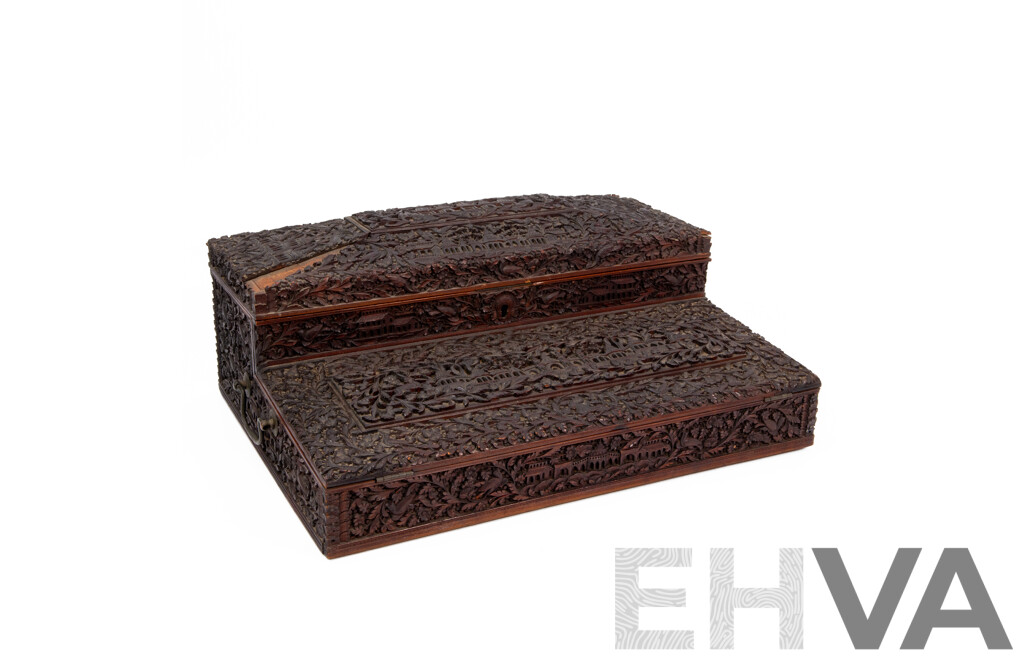 Late 19th Century Anglo Indian Hand Carved Hard Wood Writing Slope