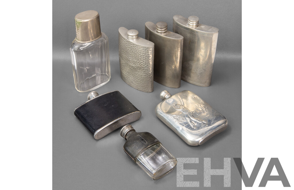 Collection of Seven Glass and Pewter Hip Flasks