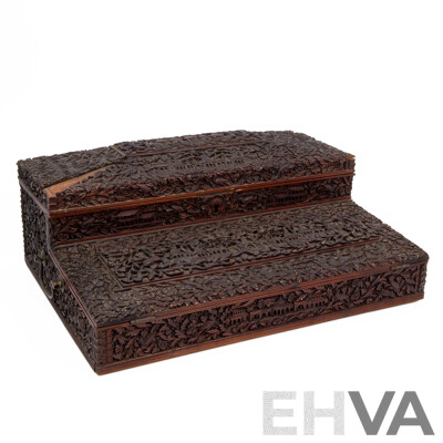 Late 19th Century Anglo Indian Hand Carved Hard Wood Writing Slope