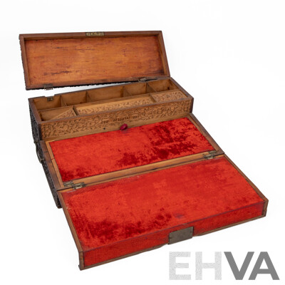 Late 19th Century Anglo Indian Hand Carved Hard Wood Writing Slope