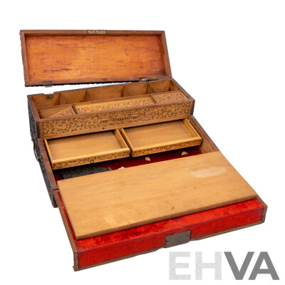 Late 19th Century Anglo Indian Hand Carved Hard Wood Writing Slope