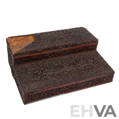 Late 19th Century Anglo Indian Hand Carved Hard Wood Writing Slope