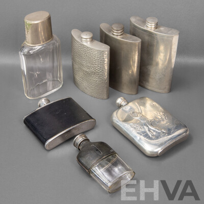 Collection of Seven Glass and Pewter Hip Flasks