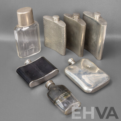 Collection of Seven Glass and Pewter Hip Flasks