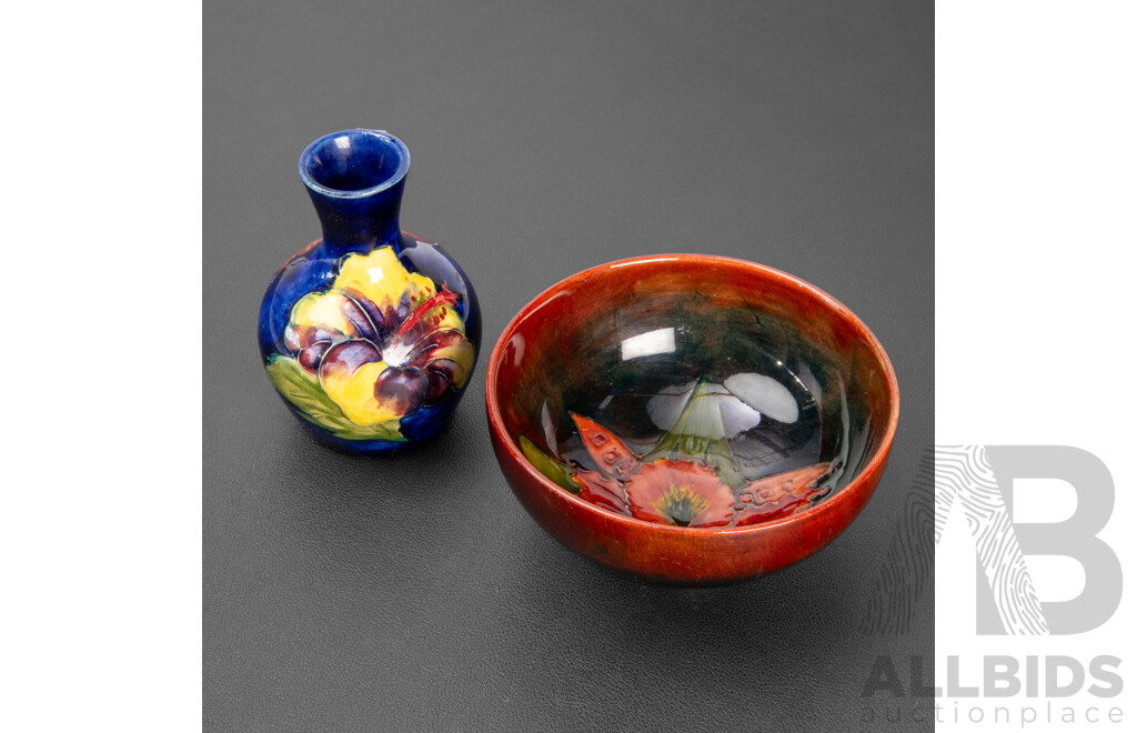 Moorcroft Hibiscus Vase by Walter Moorcroft Together with a Moorcroft Flambe Orchid Bowl (2)