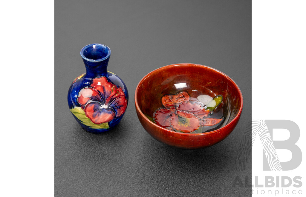 Moorcroft Hibiscus Vase by Walter Moorcroft Together with a Moorcroft Flambe Orchid Bowl (2)