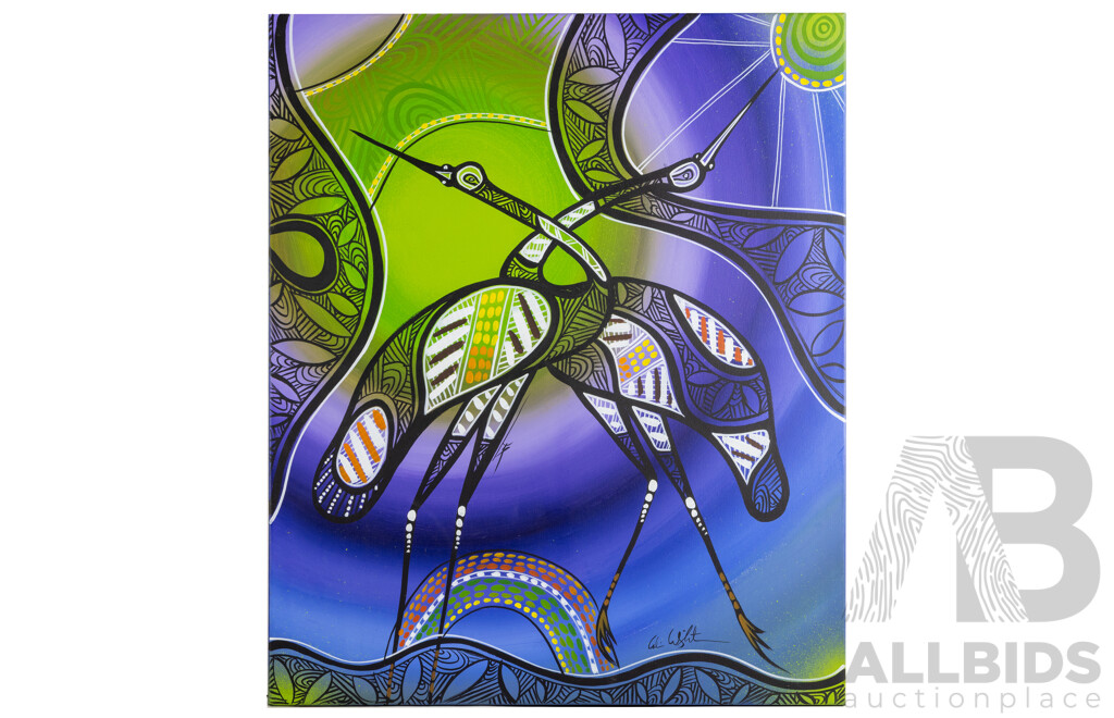Colin Wightman (20th Century, Indigenous-Australian, 1965-2016), The Dance of the Brolga, Original Acrylic on Canvas, 92H x 76W cm