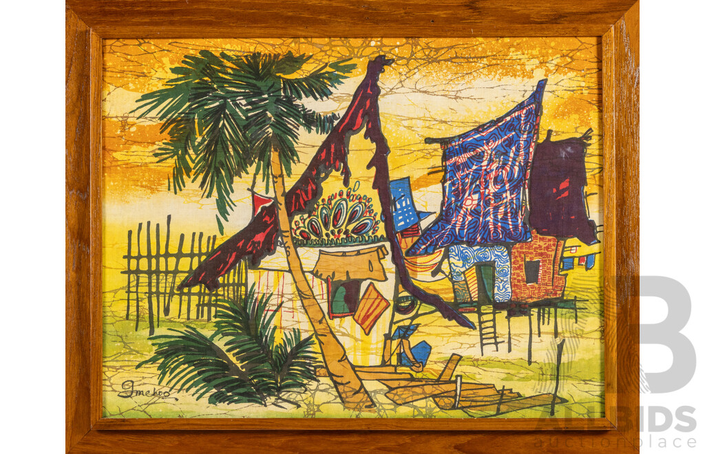 Choo Git Man (20th Century, Malaysian, 1939-2025), Petang Di Kampung (Village Afternoon), Original Hot Wax & Painted Batik on Cotton Panel, 50H x 63W cm (frame)