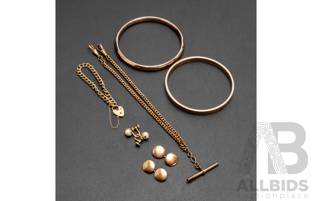 9ct Rolled Gold Assorted Vintage Jewellery - Bangles, Earrings, Bracelet and Fob Chain - Lot of 6