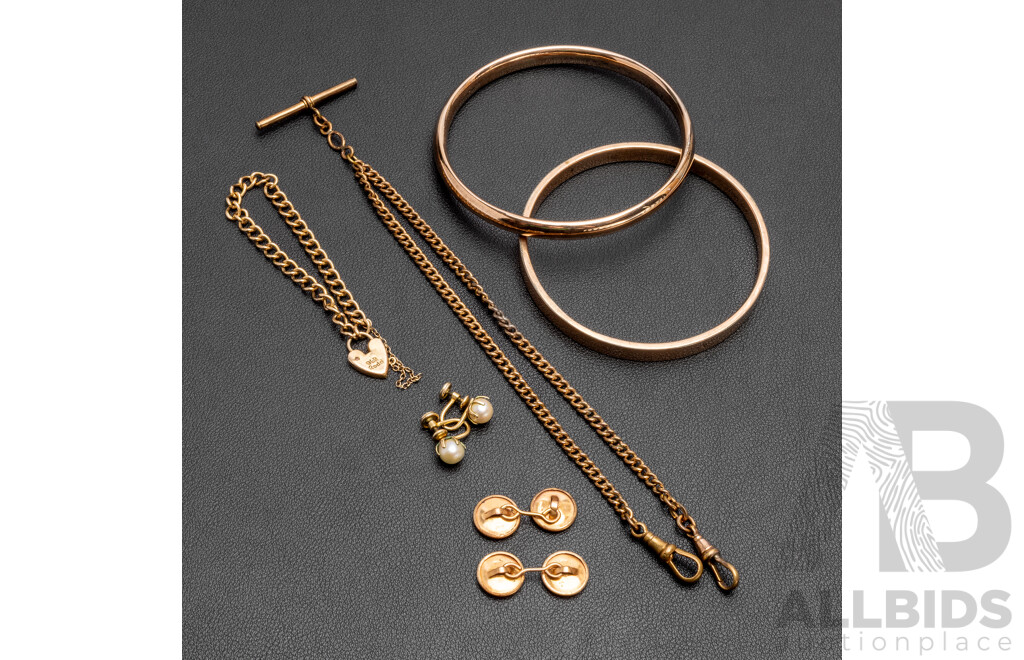 9ct Rolled Gold Assorted Vintage Jewellery - Bangles, Earrings, Bracelet and Fob Chain - Lot of 6