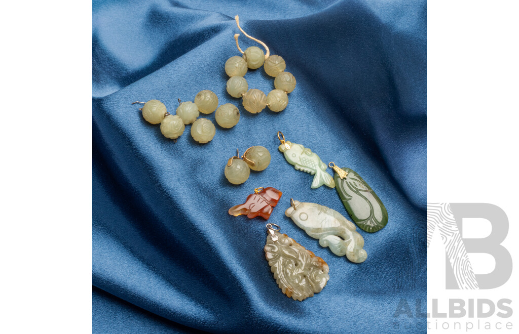 Assorted Semi Precious Stone Pendants (Jadeite, Carnelian) - Lot of 6