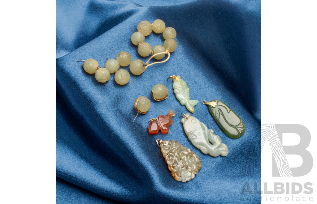 Assorted Semi Precious Stone Pendants (Jadeite, Carnelian) - Lot of 6