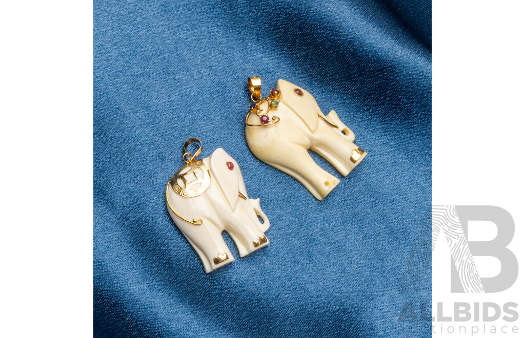 Pair of Vintage Carved Ivory Elephant Pendants with 14ct Yellow Gold and Precious Gemstones - Lot of 2