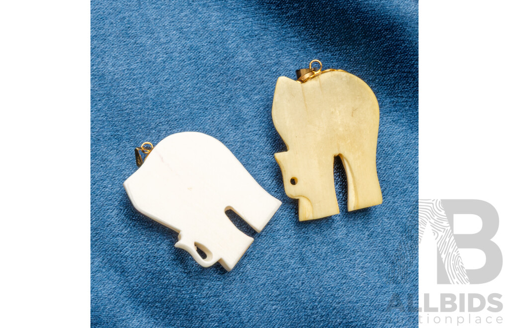 Pair of Vintage Carved Ivory Elephant Pendants with 14ct Yellow Gold and Precious Gemstones - Lot of 2