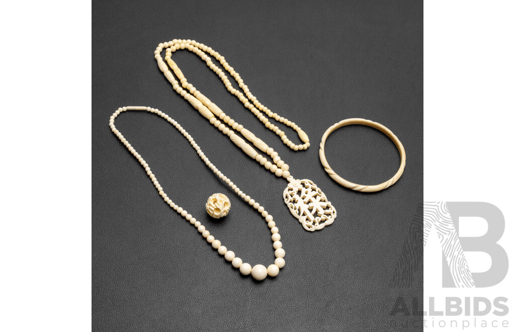 Vintage Collection of Carved Ivory Jewellery - Lot of 4