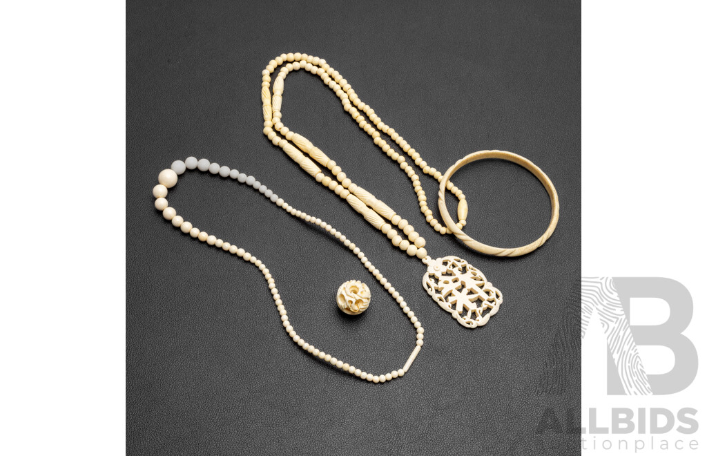 Vintage Collection of Carved Ivory Jewellery - Lot of 4