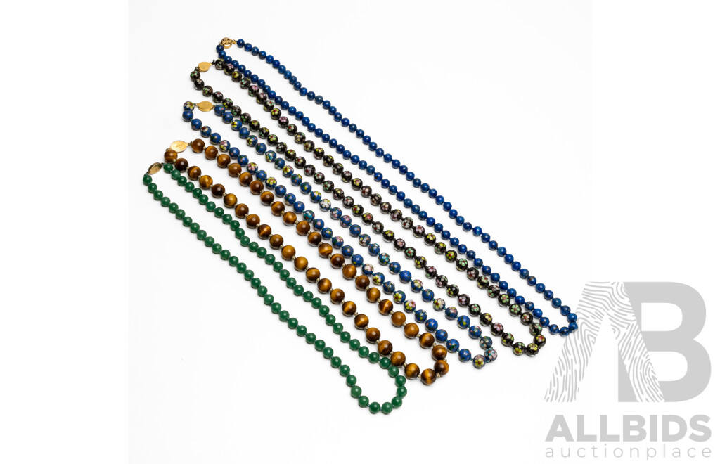 Long Strand Beaded Necklaces Including Jadeite, Lapis Lazuli, Tigers Eye and Chinese Cloisonne with Gold Tone Silver Clasps - Lot of 5