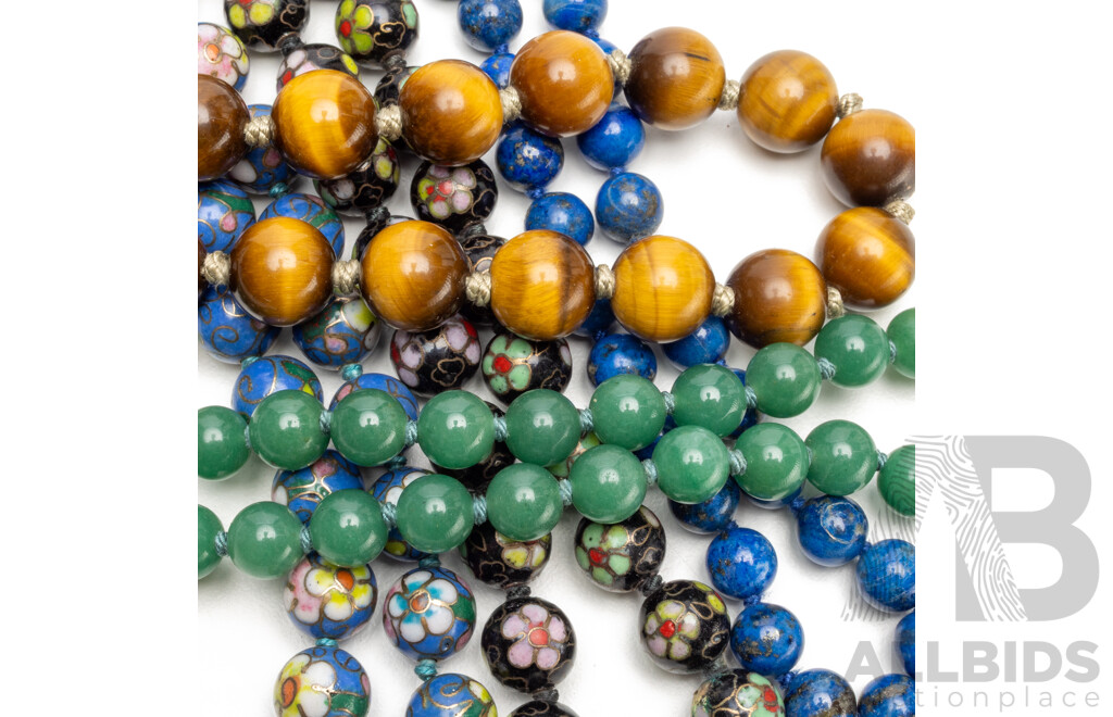 Long Strand Beaded Necklaces Including Jadeite, Lapis Lazuli, Tigers Eye and Chinese Cloisonne with Gold Tone Silver Clasps - Lot of 5