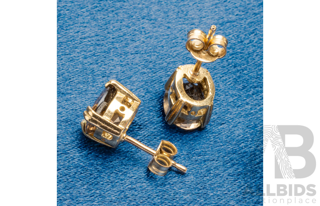 9ct Yellow Gold and Oval Smokey Quartz Earring Studs - 2.45gms