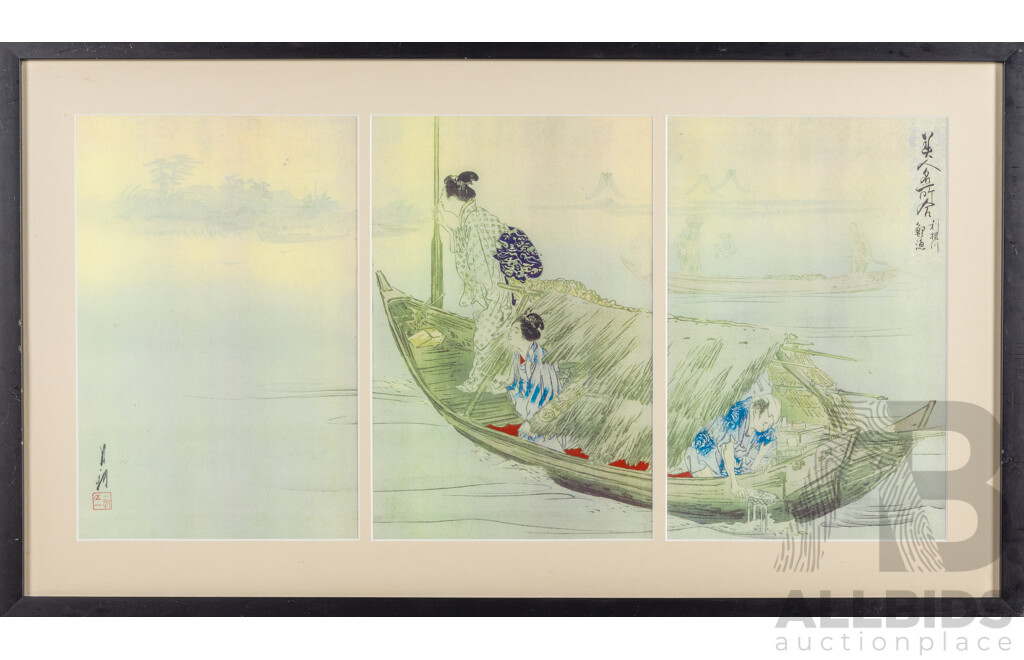 Ogata Gekko (19/20th Centuries, Japanese, 1859-1920), Tonegawa Koiryo: Fishing for Carp on the Tonegawa River, Colour Antique Woodblock Oban Triptych Print, 47 X 84 Cm (frame)