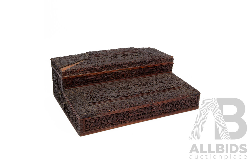 Late 19th Century Anglo Indian Hand Carved Hard Wood Writing Slope