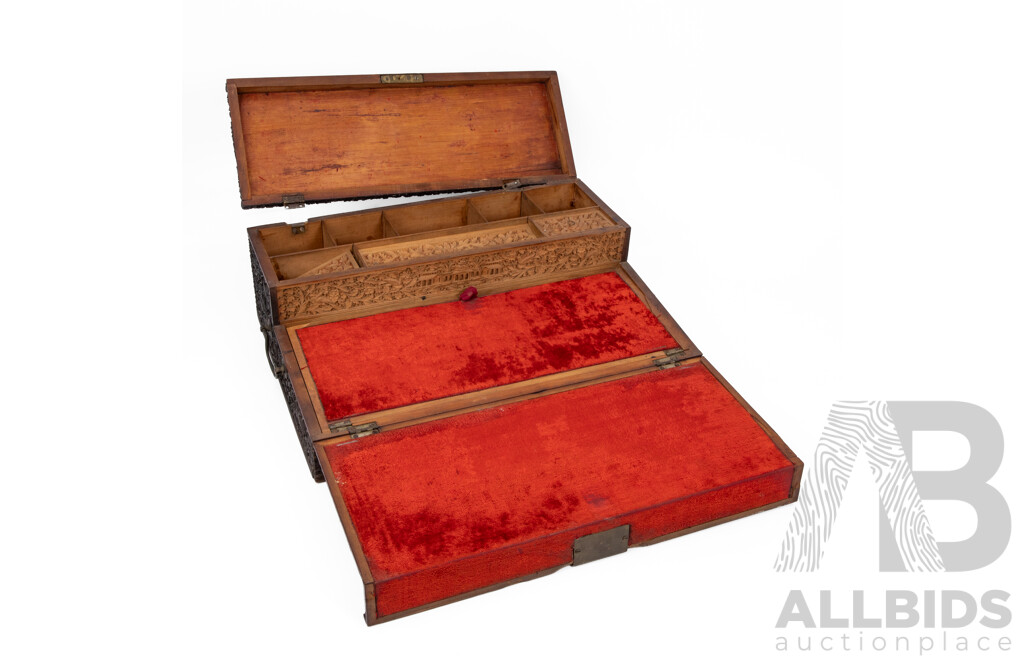 Late 19th Century Anglo Indian Hand Carved Hard Wood Writing Slope