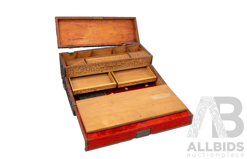 Late 19th Century Anglo Indian Hand Carved Hard Wood Writing Slope