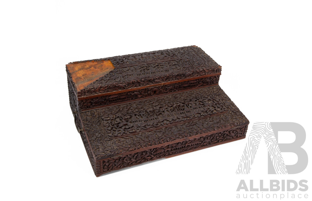 Late 19th Century Anglo Indian Hand Carved Hard Wood Writing Slope