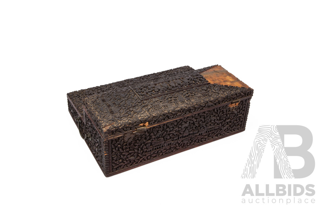 Late 19th Century Anglo Indian Hand Carved Hard Wood Writing Slope