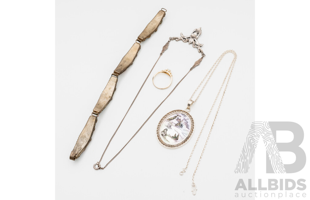 Collection of Sterling Silver, Silver & Gold Tone Necklaces, Bracelet and Ring - Lot of 4
