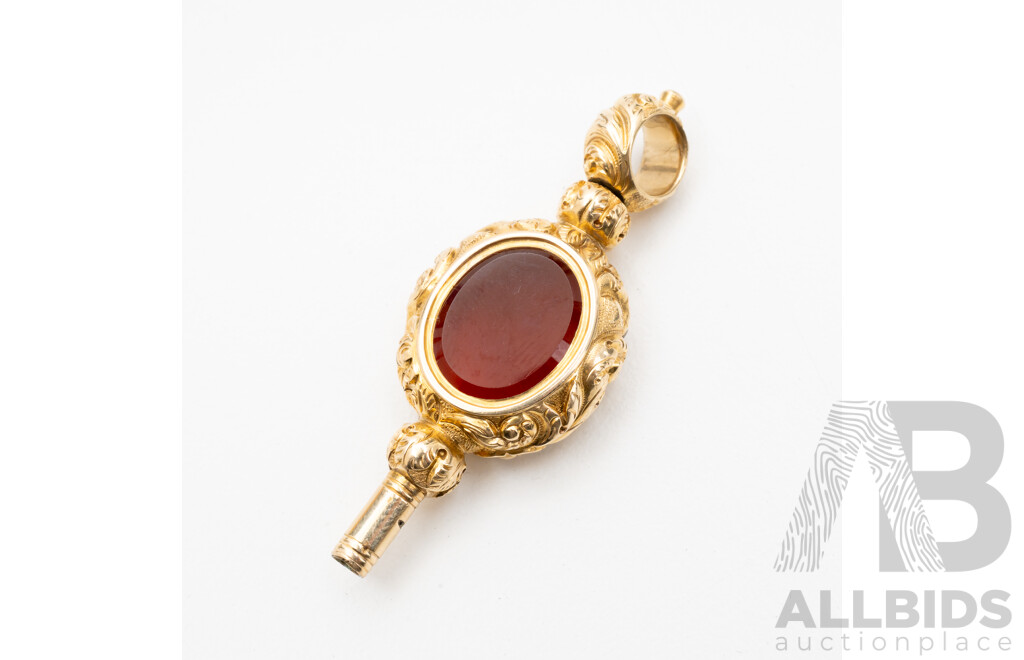 Antique Georgian 15ct Yellow Gold Pocket Watch Winder Key with Amethyst & Carnelian Seal - 8.21gms