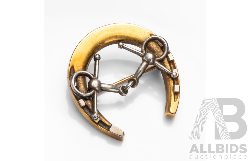 Vintage 15ct Gold Equestrian 'Snaffle Bit & Horseshoe' Brooch - 5.68gms