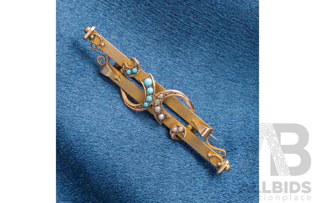 Vintage 9ct Yellow Gold with Pearls & Turquoise Brooch - 2.68gms