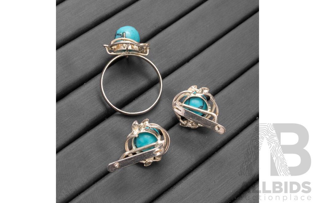 925 Sterling Silver & Turquoise Ring & Earrings Set